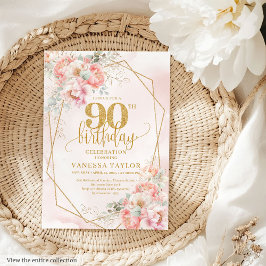 Chic Pale Pink Gold Glitter Flowers 90th Invites Kaart