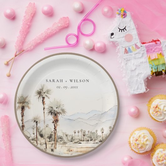 Chic Palm Springs California Landschap Huwelijk Papieren Bordje (Feest)