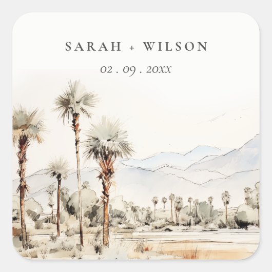 Chic Palm Springs California Landschap Huwelijk Vierkante Sticker (Voorkant)