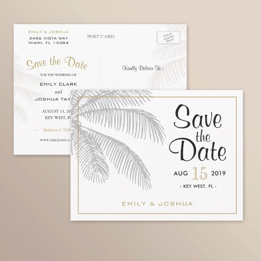 Chic Palm Tree & Gold Wedding Save the Date Custom Aankondigingskaart