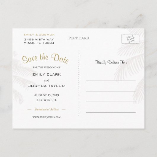 Chic Palm Tree & Gold Wedding Save the Date Custom Aankondigingskaart (Achterkant)