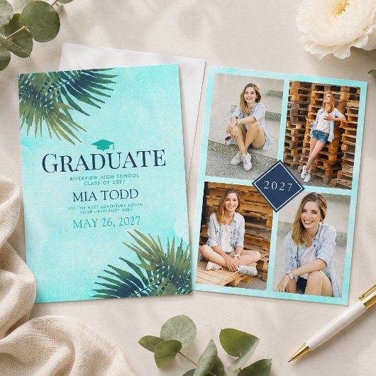 Chic Palmblad Goud Teal Afstudeer Uitnodiging