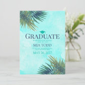 Chic Palmblad Goud Teal Afstudeer Uitnodiging (Staand voorkant)
