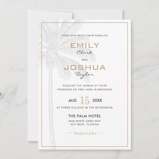 Chic Palmboom & Gouden Trouw Uitnodigingskaart Kaart (Voorkant)