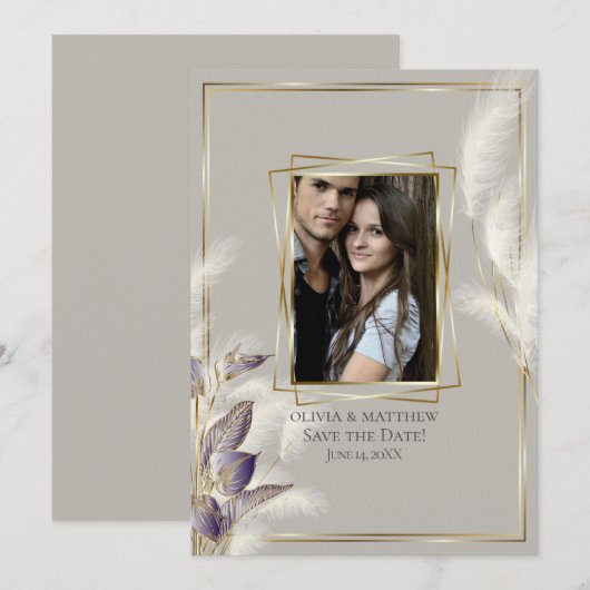 Chic Pampas Grass Foto slaat Datum op Kaart (Voorkant / Achterkant)