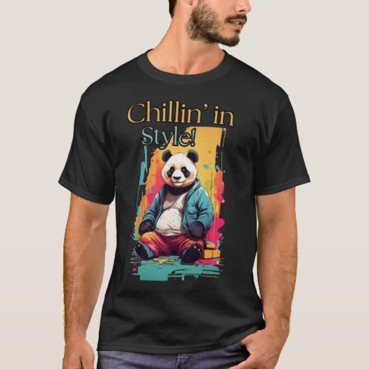Chic Panda Charm | Kleurrijke Zittende Panda Art T-shirt (Voorkant)