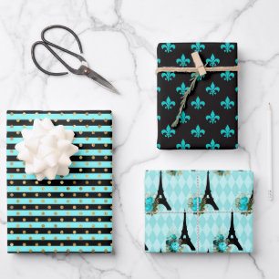 Chic Paris Aqua Blue, Black en Gold Inpakpapier Vel
