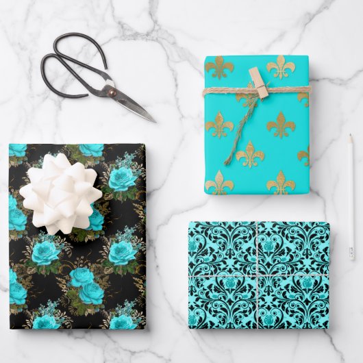 Chic Paris Aqua Blue, Black en Gold Inpakpapier Vel (Voorkant)