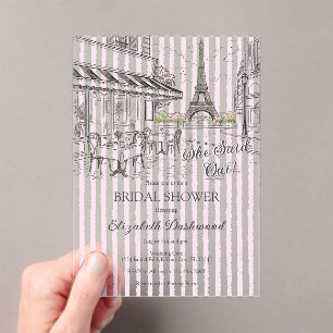 Chic Paris Café Roze Witte Strepen Bruidsdouche Acryl Uitnodigingen