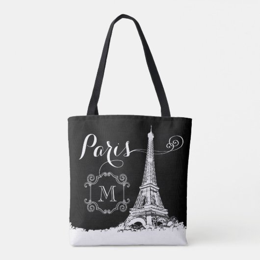 Chic Paris Eiffel Tower Black - wit monogram Tote Bag (Achterkant)