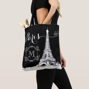 Chic Paris Eiffel Tower Black - wit monogram Tote Bag