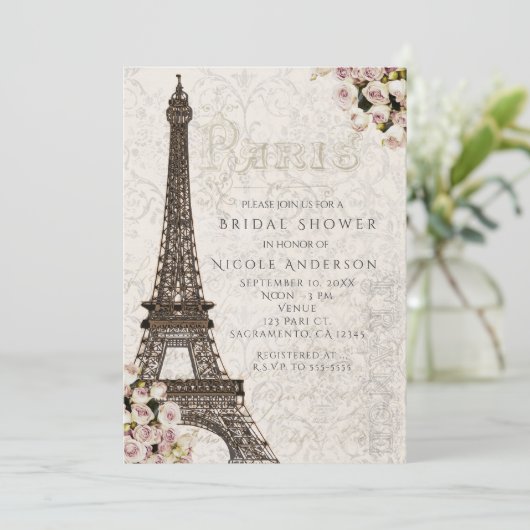 Chic Paris Eiffel Tower & Rozen Elegant Uitnodigin Kaart (Staand voorkant)