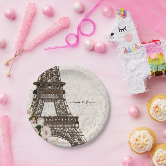 Chic Paris Eiffeltoren & Rozen Elegant feest Papieren Bordje (Feest)