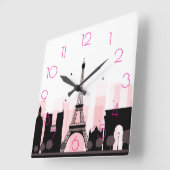 Chic Paris Eiffeltoren Skyline Roze Modern Vierkante Klok (Hoek)
