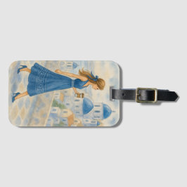 Chic Paris Girl in Santorini Greece Luggage Tag Bagagelabel