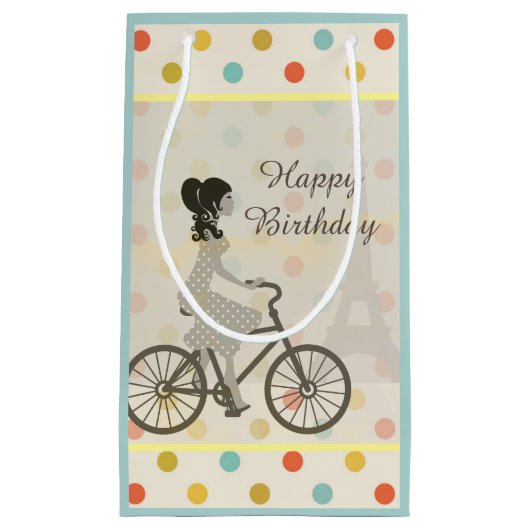 Chic Paris Girl Riding Bike Cute Birthday Klein Cadeauzakje (Voorkant)