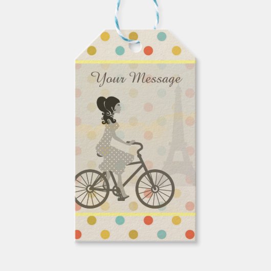Chic Paris Girl Riding Bike Dotty Custom Cadeaulabel (Voorkant)