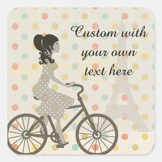 Chic Paris Girl Riding Bike Dotty Custom Text Vierkante Sticker (Voorkant)