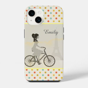 Chic Paris Girl Riding Bike Dotty Personalized iPhone 14 Hoesje