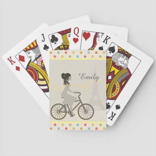 Chic Paris Girl Riding Bike Dotty Personalized Pokerkaarten (Achterkant)