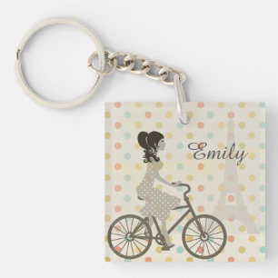 Chic Paris Girl Riding Bike Dotty Personalized Sleutelhanger