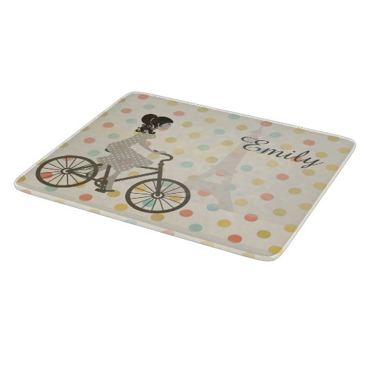 Chic Paris Girl Riding Bike Dotty Personalized Snijplank (Hoek)