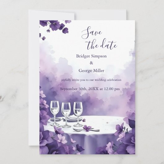 Chic Paris & Paarse Floral Wedding veilig de datum Kaart (Voorkant)