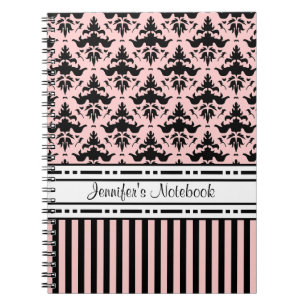 Chic Paris Pink and Black Damask en Stripes Notitieboek