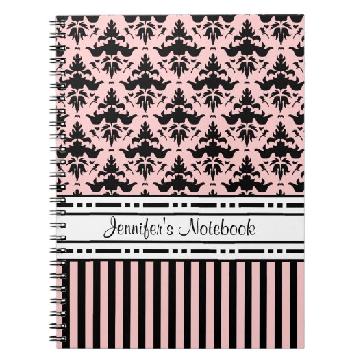 Chic Paris Pink and Black Damask en Stripes Notitieboek (Voorkant)