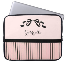 Chic Parisian Pink Pinstripes Black Bow and Name Laptop Sleeve