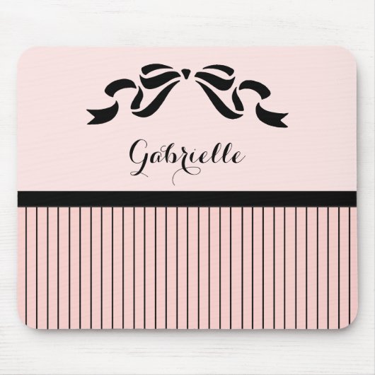 Chic Parisian Pink Pinstripes Black Bow and Name Muismat (Voorkant)