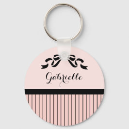 Chic Parisian Pink Pinstripes Black Bow and Name Sleutelhanger