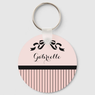 Chic Parisian Pink Pinstripes Black Bow and Name Sleutelhanger