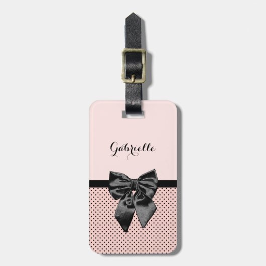 Chic Parisian Pink Polka Dots Black Bow and Name Bagagelabel (Voorkant verticaal)