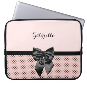 Chic Parisian Pink Polka Dots Black Bow and Name Laptop Sleeve