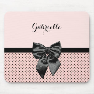 Chic Parisian Pink Polka Dots Black Bow and Name Muismat