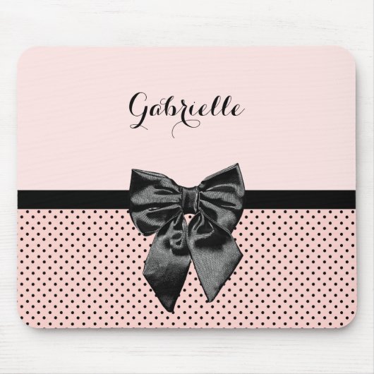 Chic Parisian Pink Polka Dots Black Bow and Name Muismat (Voorkant)