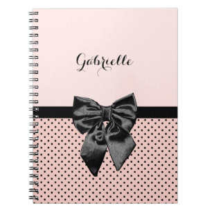 Chic Parisian Pink Polka Dots Black Bow and Name Notitieboek