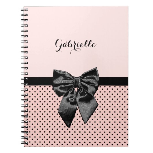 Chic Parisian Pink Polka Dots Black Bow and Name Notitieboek (Voorkant)