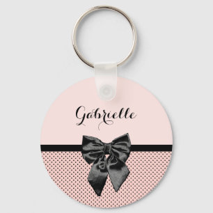 Chic Parisian Pink Polka Dots Black Bow and Name Sleutelhanger