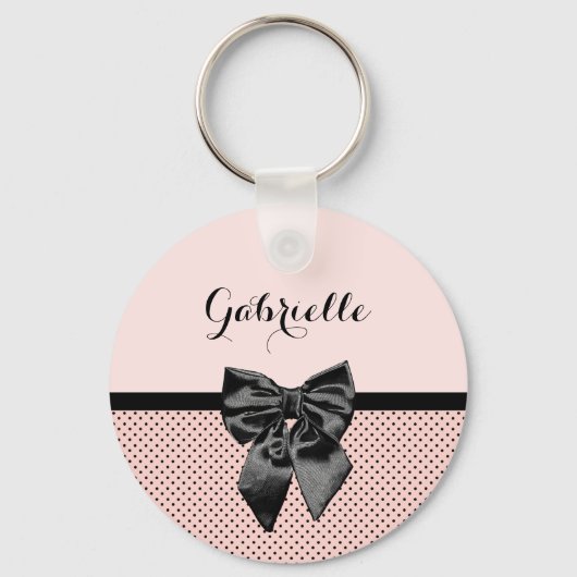 Chic Parisian Pink Polka Dots Black Bow and Name Sleutelhanger (Voorkant)