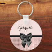 Chic Parisian Pink Polka Dots Black Bow and Name Sleutelhanger (Voorkant)