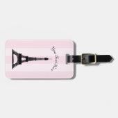 Chic Parisian Pink Stripe Black Eiffel Tower Bagagelabel (Voorkant horizontaal)