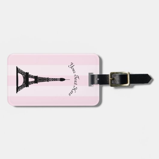Chic Parisian Pink Stripe Black Eiffel Tower Bagagelabel (Voorkant horizontaal)