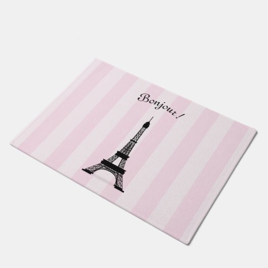 Chic Parisian Pink Stripe Black Eiffel Tower Deurmat (Schuin)