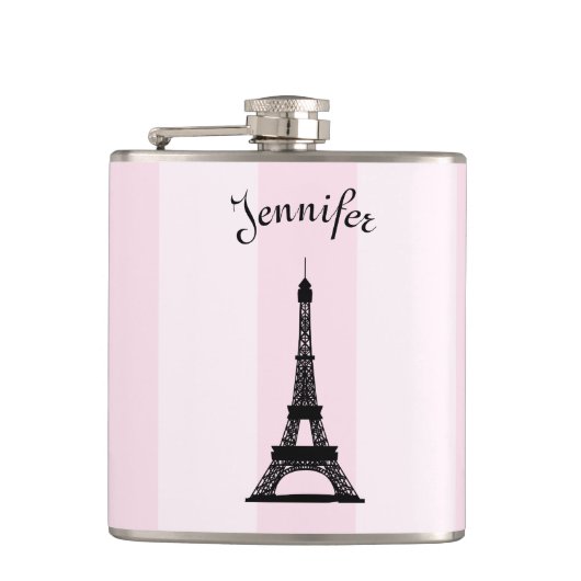 Chic Parisian Pink Stripe Black Eiffel Tower Heupfles (Voorkant)