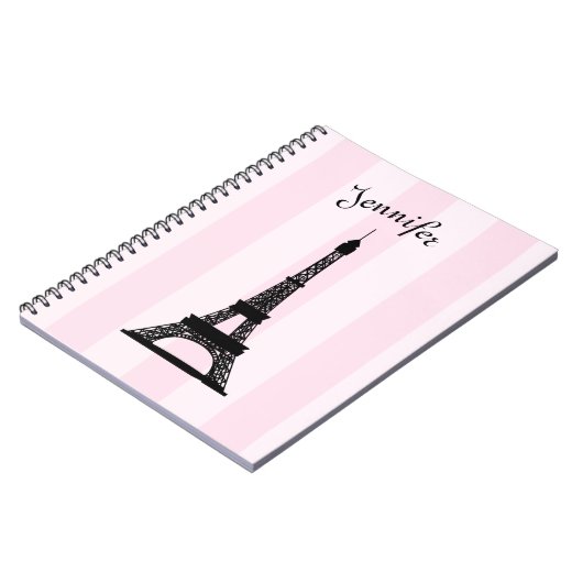 Chic Parisian Pink Stripe Black Eiffel Tower Notitieboek (Linkerzijde)