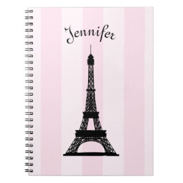 Chic Parisian Pink Stripe Black Eiffel Tower Notitieboek