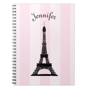 Chic Parisian Pink Stripe Black Eiffel Tower Notitieboek