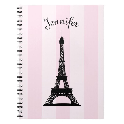 Chic Parisian Pink Stripe Black Eiffel Tower Notitieboek (Voorkant)